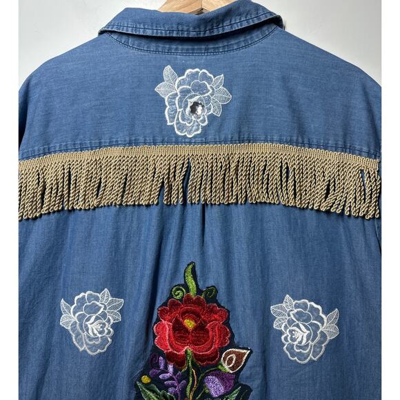 Denim Button-Up Upcycled Shirt Handcrafted Embellishments Boho Western Cotton 3X - Picture 11 of 15